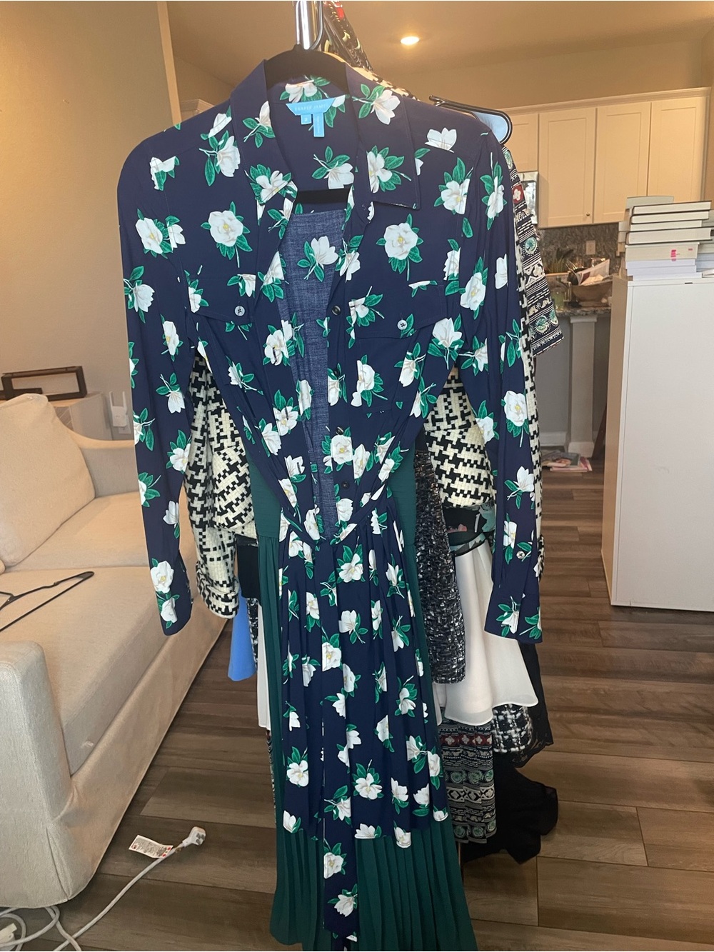 Draper James Navy Floral Long-Sleeve Wrap Dress with Green Pleated Skirt